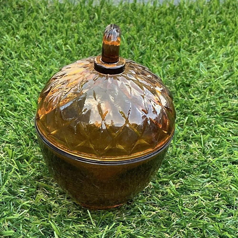 Vintage Amber Glass Acorn Covered Dish Lidded Candy Trinket Bowl Fall Decor